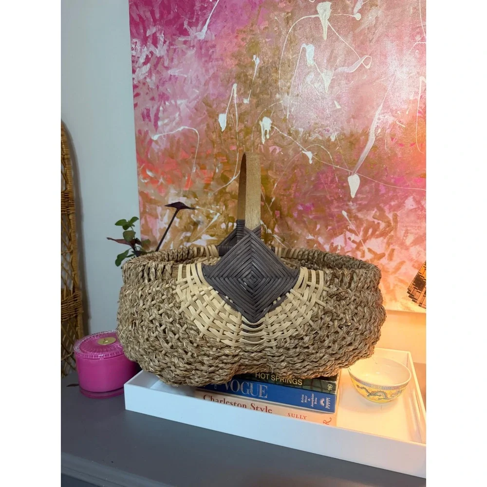 Handmade  Woven Seagrass Basket Women OS Tan Brown Boho Diamond Weave Handle